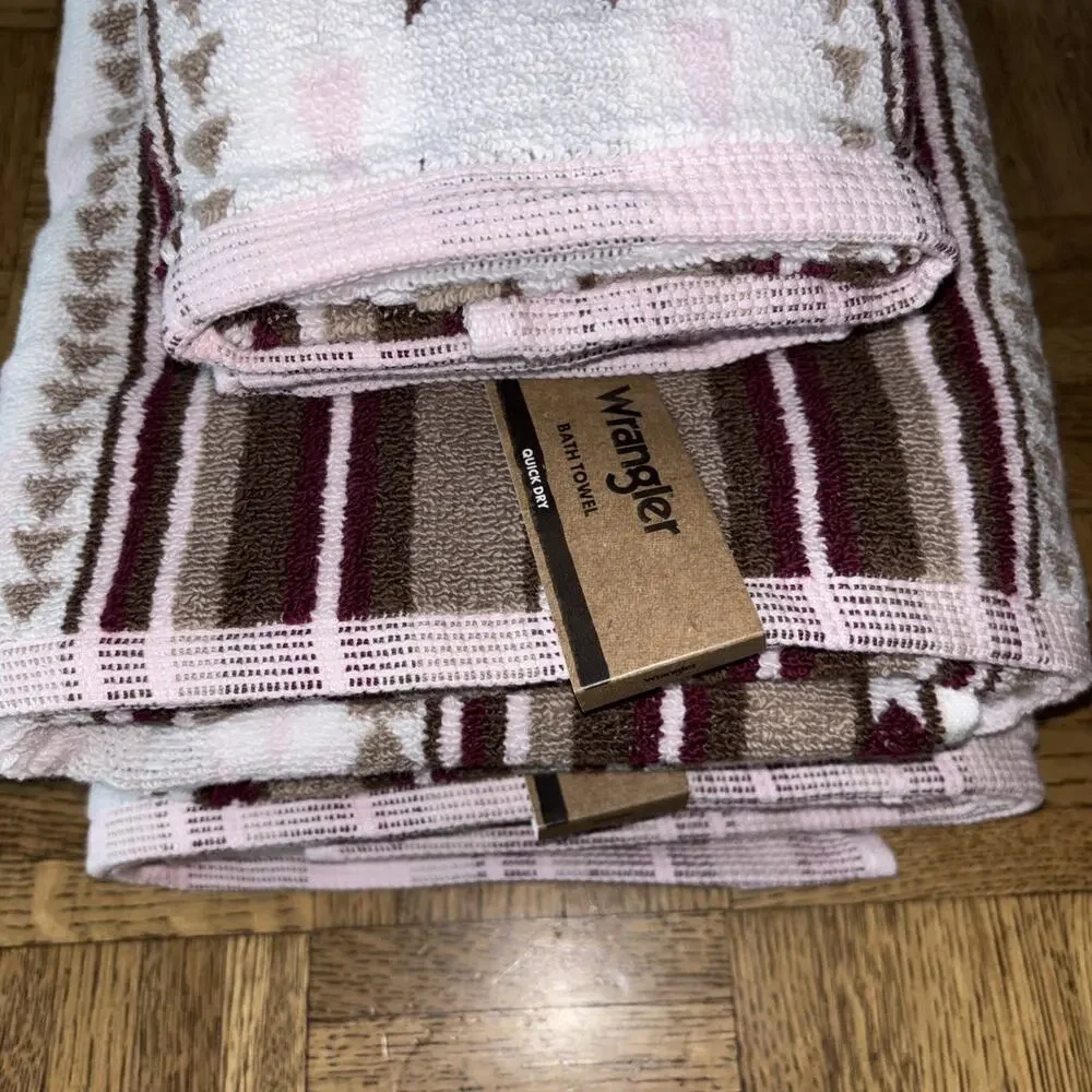 Wrangler Westmount Brown Pink Aztec Western Cowboy 2 Bath & 2 Hand Towel New